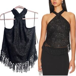 AQUA Fringe Halter Top Black Large Embellished Floral Party‎ Boho Festival NWT